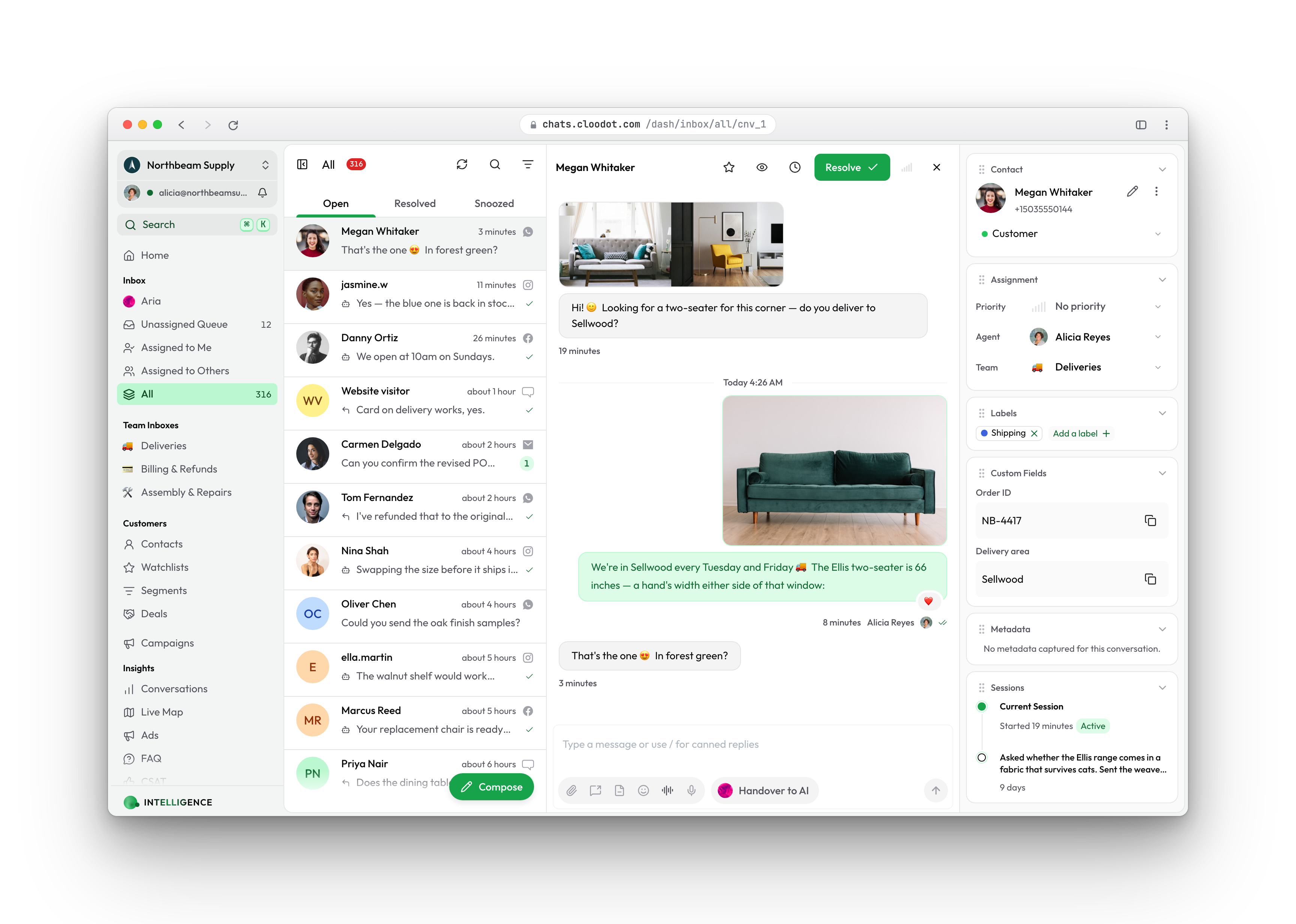 A WhatsApp conversation open in the Cloodot inbox: the two room photos the customer sent, the sofa sent back to her with her heart reaction on it, and the reply composer waiting underneath.