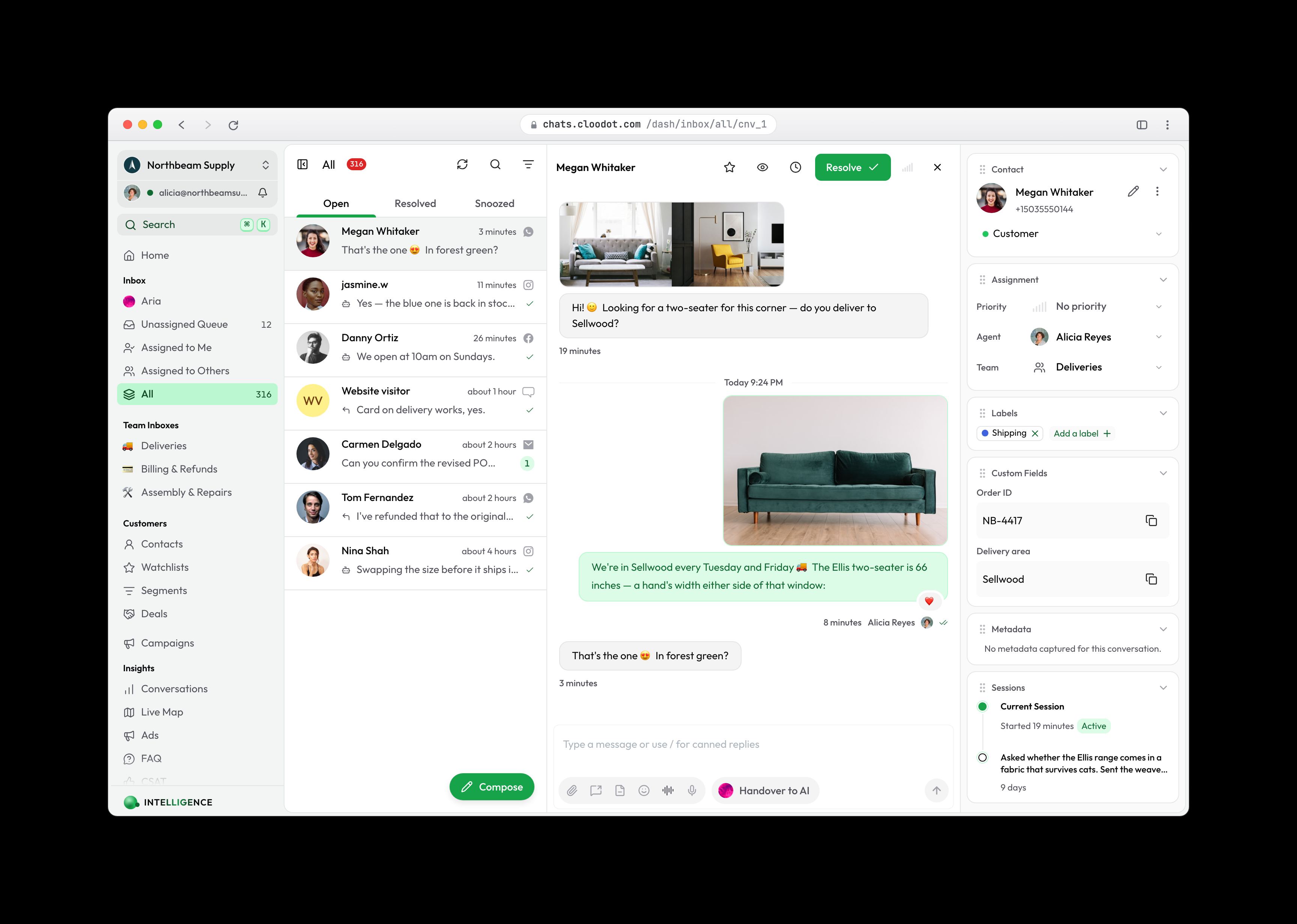 A WhatsApp conversation open in the Cloodot inbox: the two room photos the customer sent, the sofa sent back to her with her heart reaction on it, and the reply composer waiting underneath.
