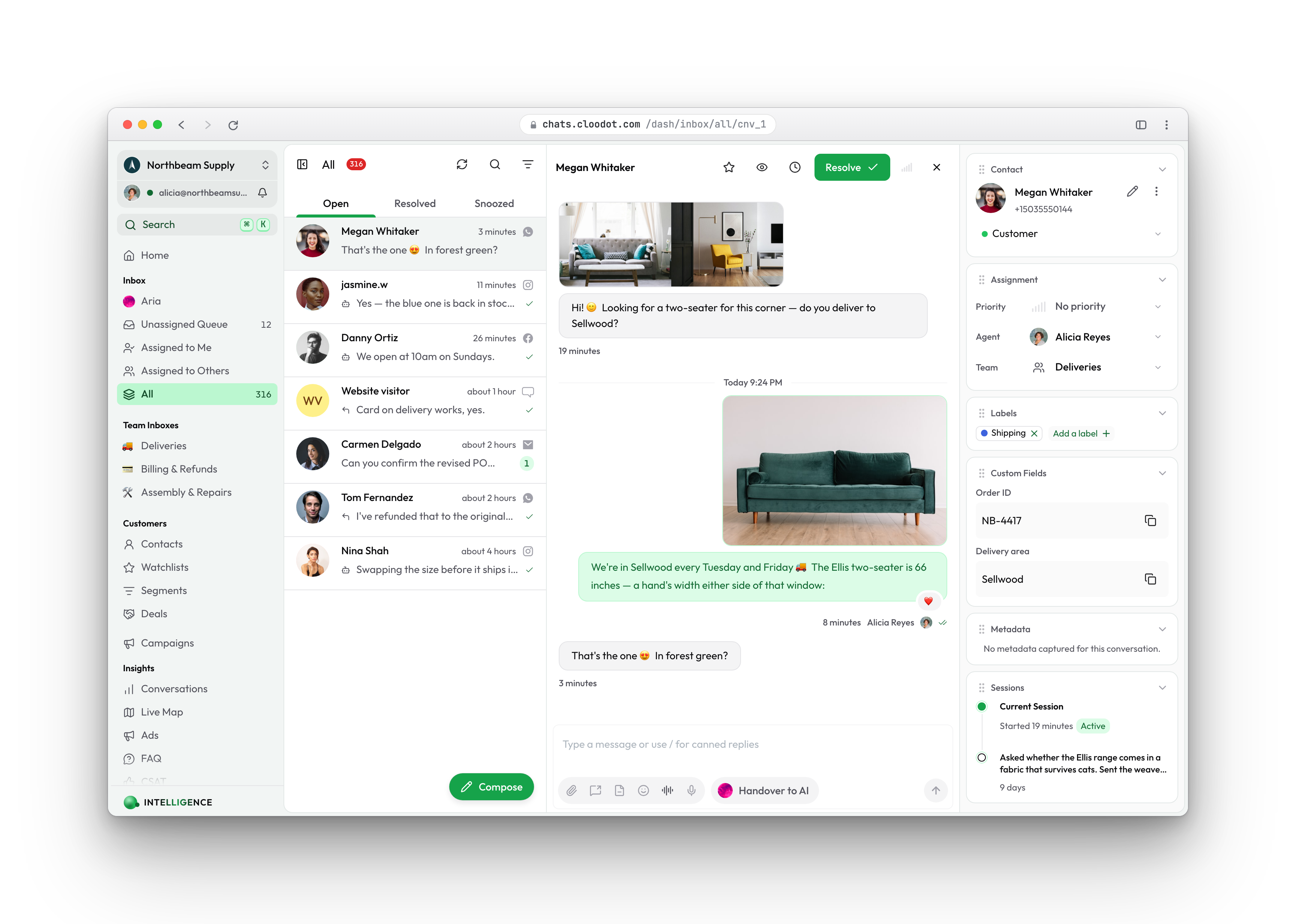 A WhatsApp conversation open in the Cloodot inbox: the two room photos the customer sent, the sofa sent back to her with her heart reaction on it, and the reply composer waiting underneath.