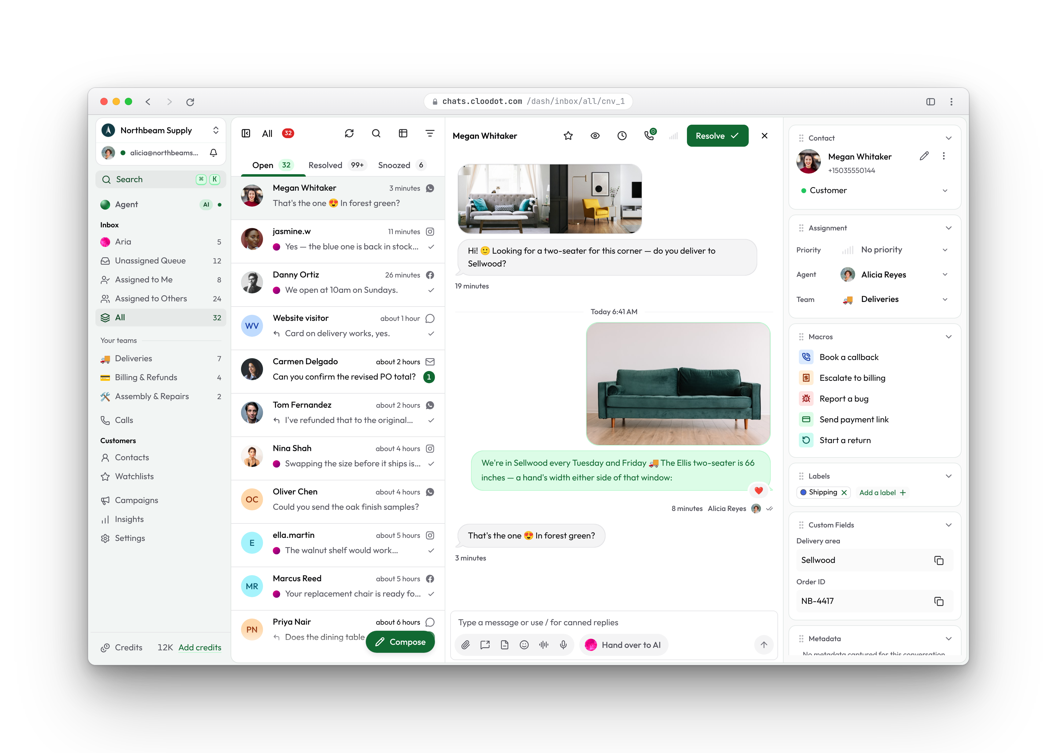 A WhatsApp conversation open in the Cloodot inbox: the two room photos the customer sent, the sofa sent back to her with her heart reaction on it, and the reply composer waiting underneath.