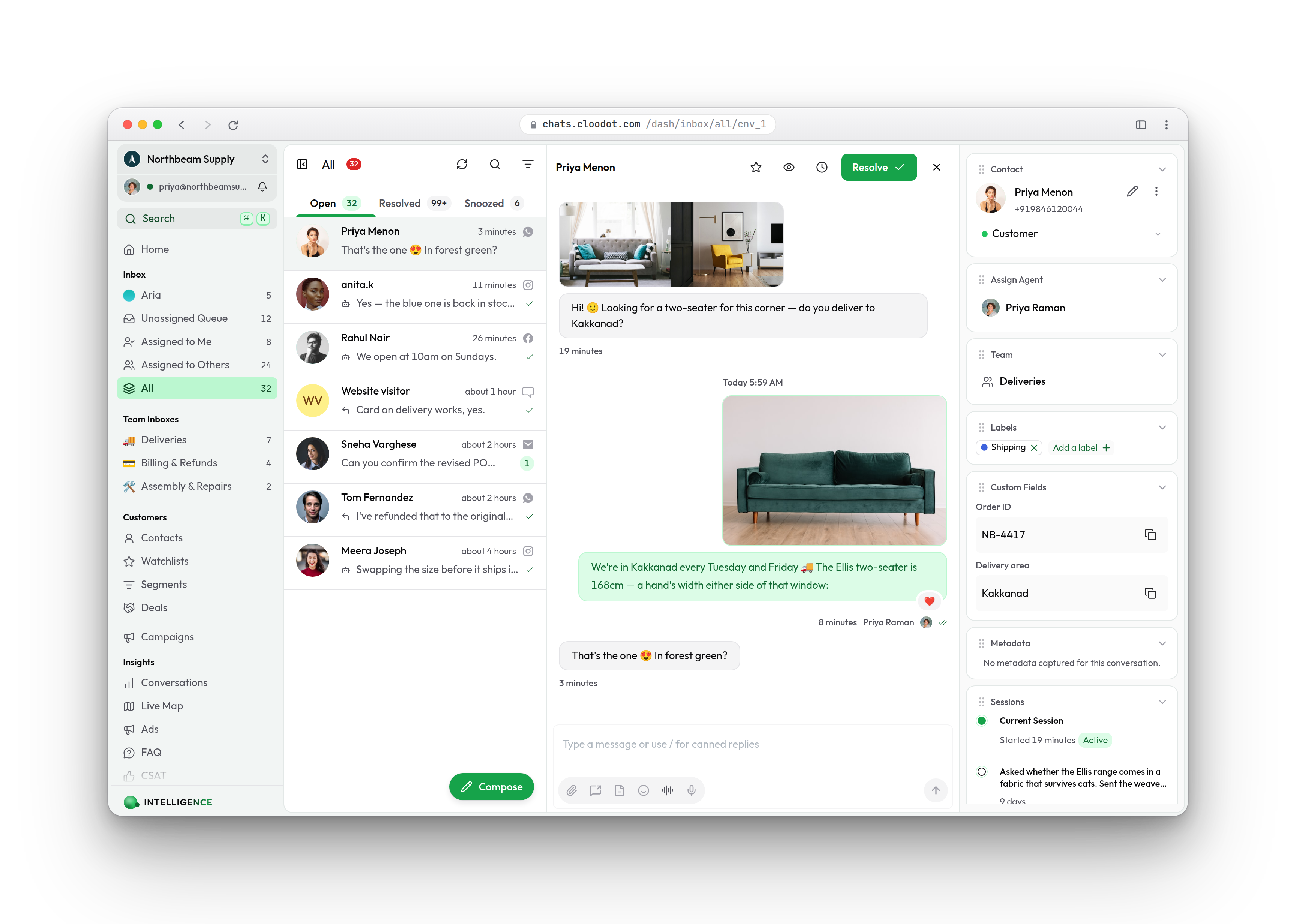 A WhatsApp conversation open in the Cloodot inbox: the two room photos the customer sent, the sofa sent back to her with her heart reaction on it, and the reply composer waiting underneath.